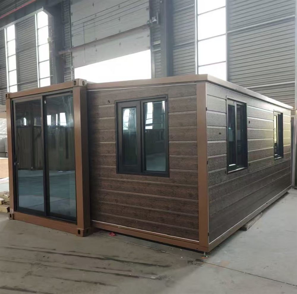 expandable container house wood grain exterior